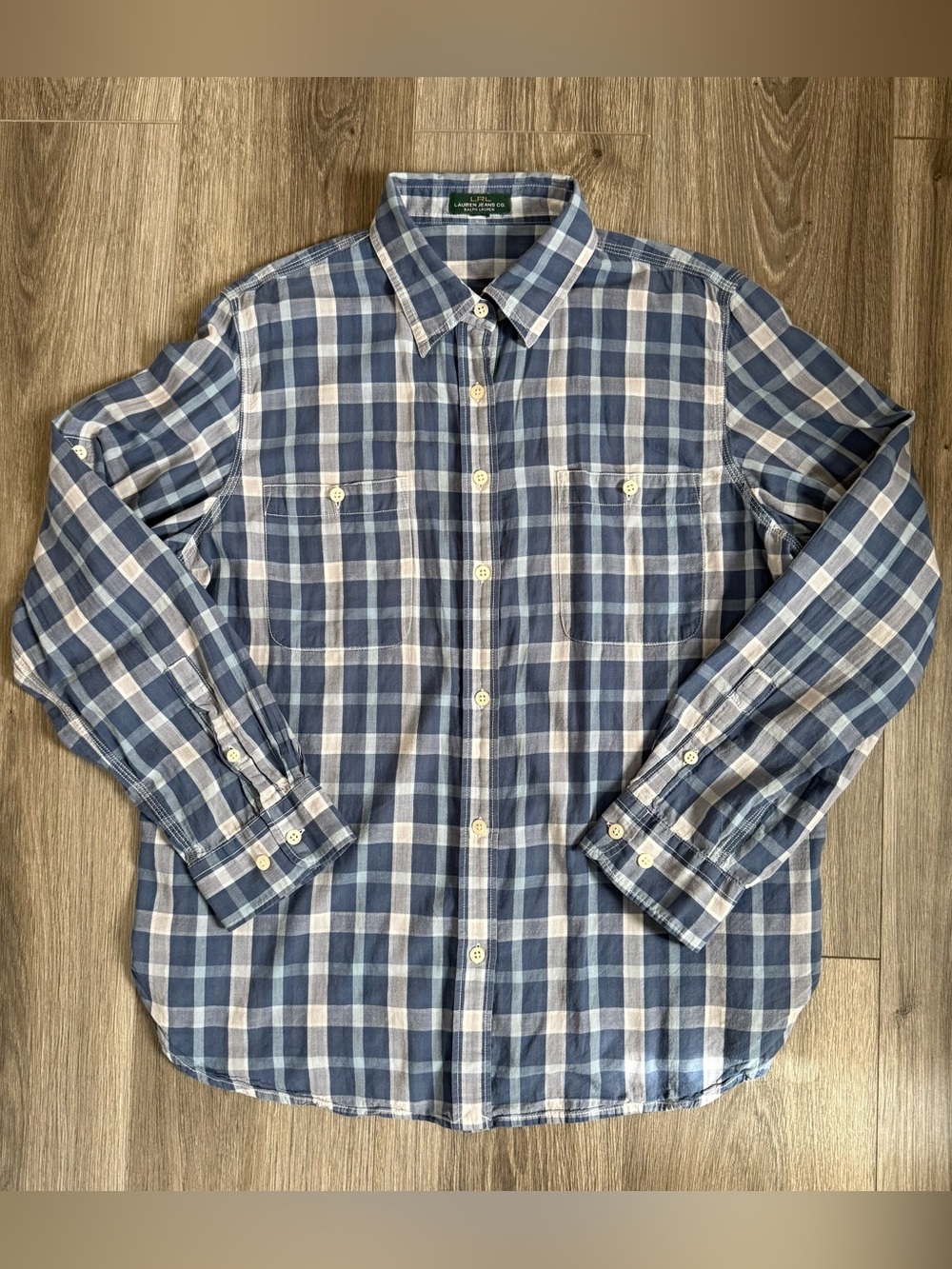 Y2K Classic LRL Lauren Jeans Co. Blue Plaid Button Down Shirt No Size Label